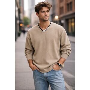 Vintage Y2K Gap Sweater Mens M Beige V neck Preppy Thick 100% Cotton Nautical